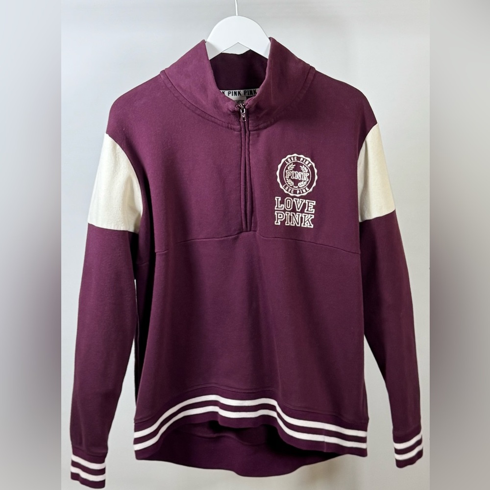 PINK Victoria’s Secret Quarter Zip Pullover Sweatshirt Large Burgundy Cream